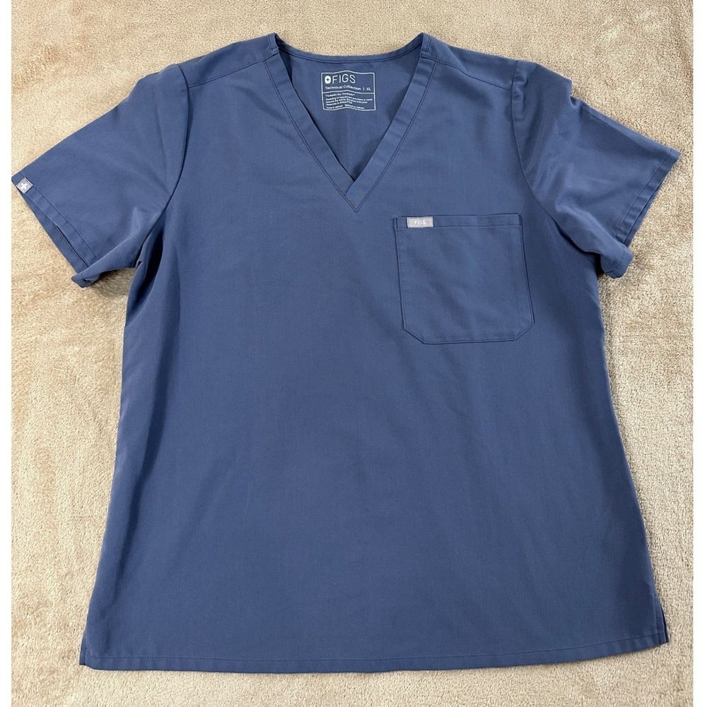 FIGS Catarina One Pocket Scrub Top Women Size XL Blue V-Neck Stretch Comfort EUC